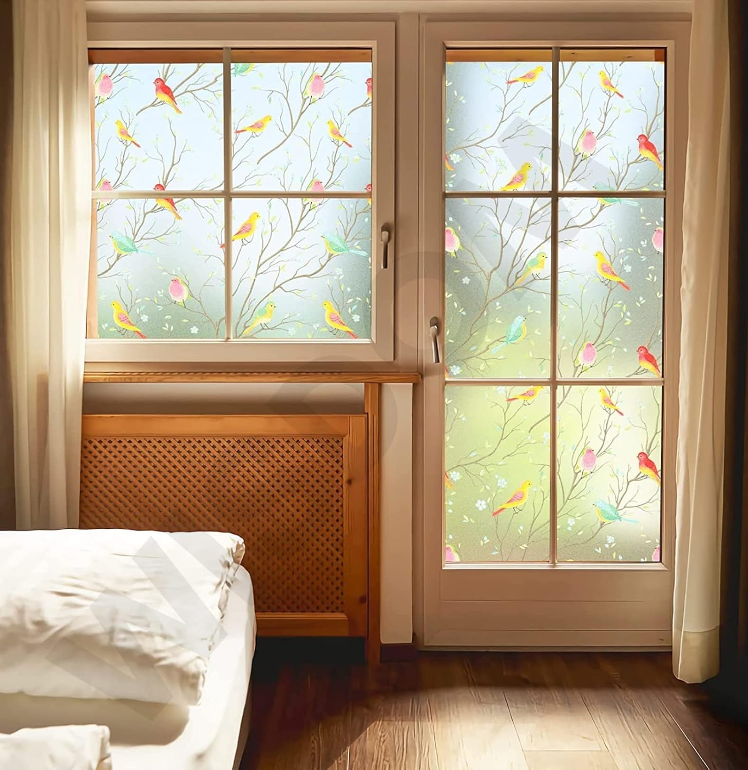 WISDOM Privacy Window Film Frosted Glass Film Glass Film No Glue Anti-UV Window Sticker Non Adhesive for Privacy Office Meeting Room Bathroom Living Room (Color Birds Frosted, 24 x 52)