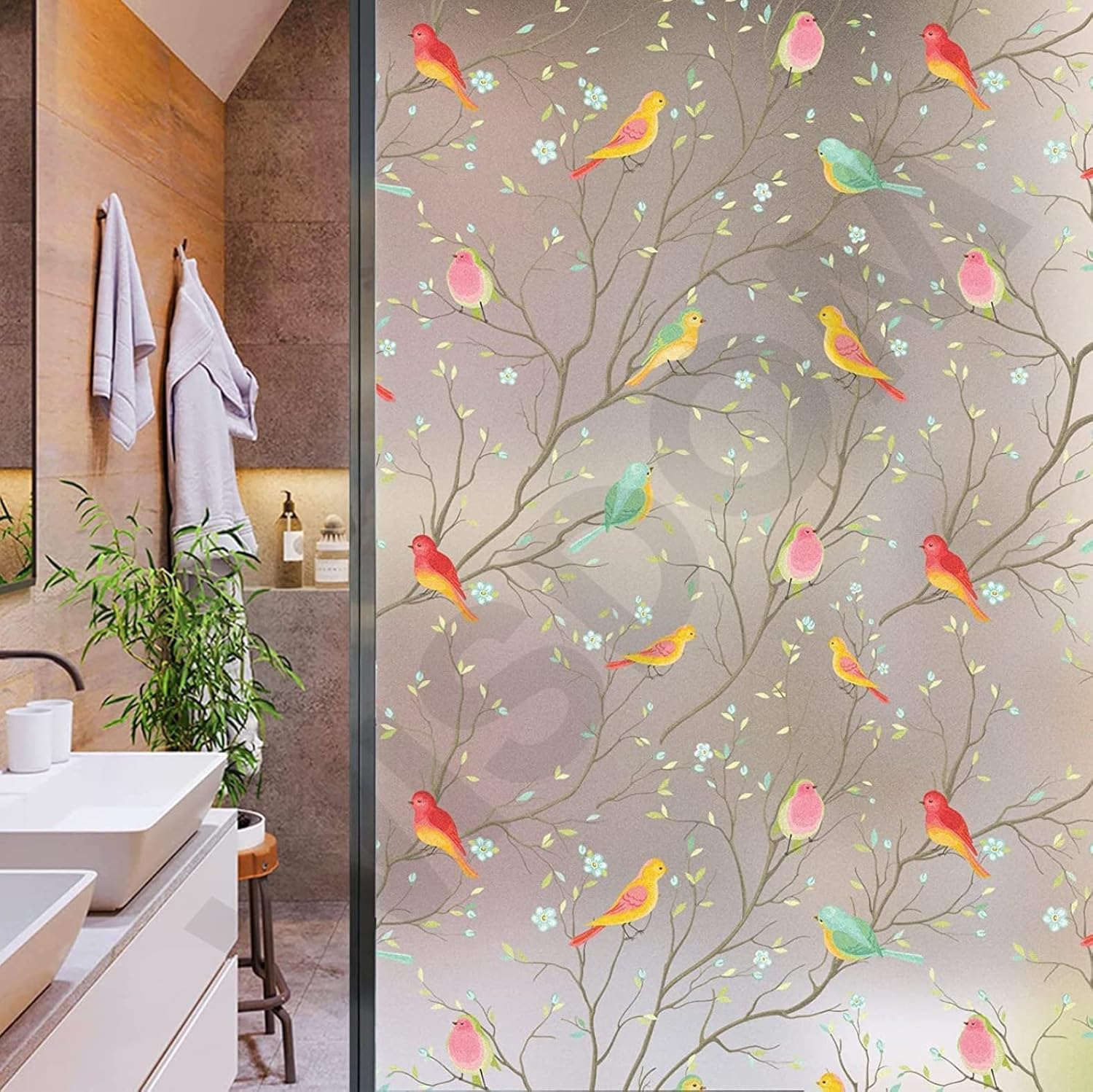 WISDOM Privacy Window Film Frosted Glass Film Glass Film No Glue Anti-UV Window Sticker Non Adhesive for Privacy Office Meeting Room Bathroom Living Room (Color Birds Frosted, 24 x 52)
