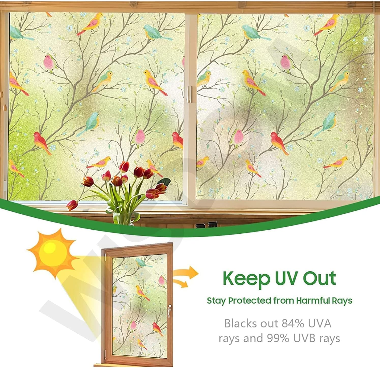 WISDOM Privacy Window Film Frosted Glass Film Glass Film No Glue Anti-UV Window Sticker Non Adhesive for Privacy Office Meeting Room Bathroom Living Room (Color Birds Frosted, 24 x 52)
