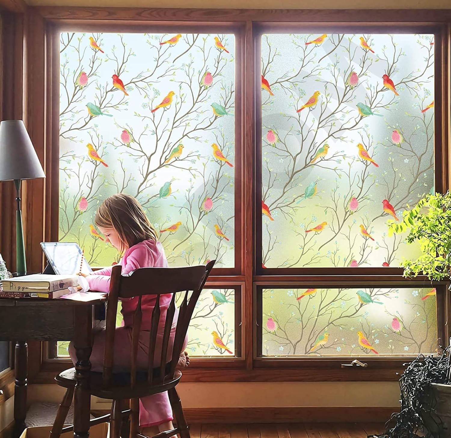 WISDOM Privacy Window Film Frosted Glass Film Glass Film No Glue Anti-UV Window Sticker Non Adhesive for Privacy Office Meeting Room Bathroom Living Room (Color Birds Frosted, 24 x 52)
